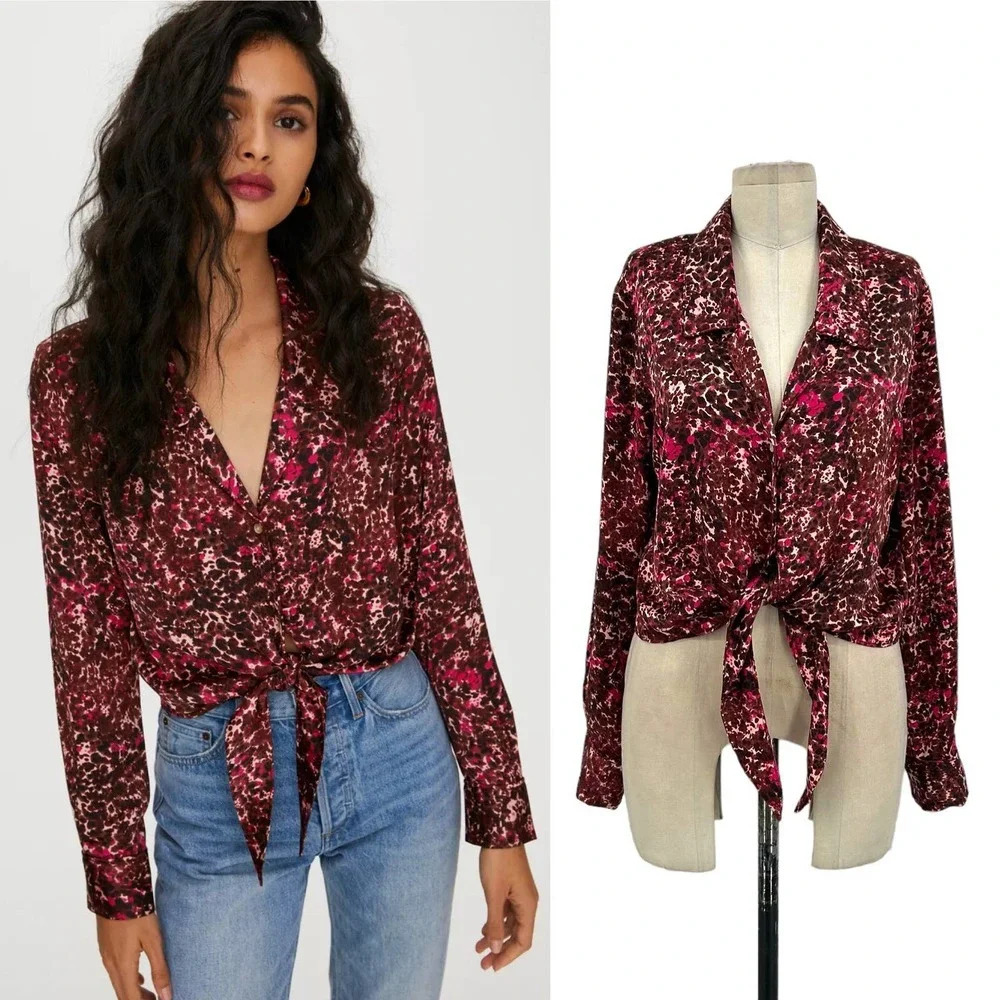 Aritzia‎ Wilfred Silky Tie-Front Blouse Ptna Brown/E. Fuchsia Size Medium